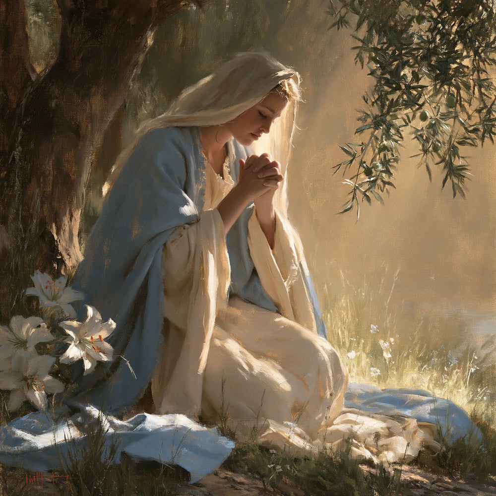 the Virgin Mary praying in a sacred garden in Mary in a Sacred Garden style, square Christian artwork no. 4