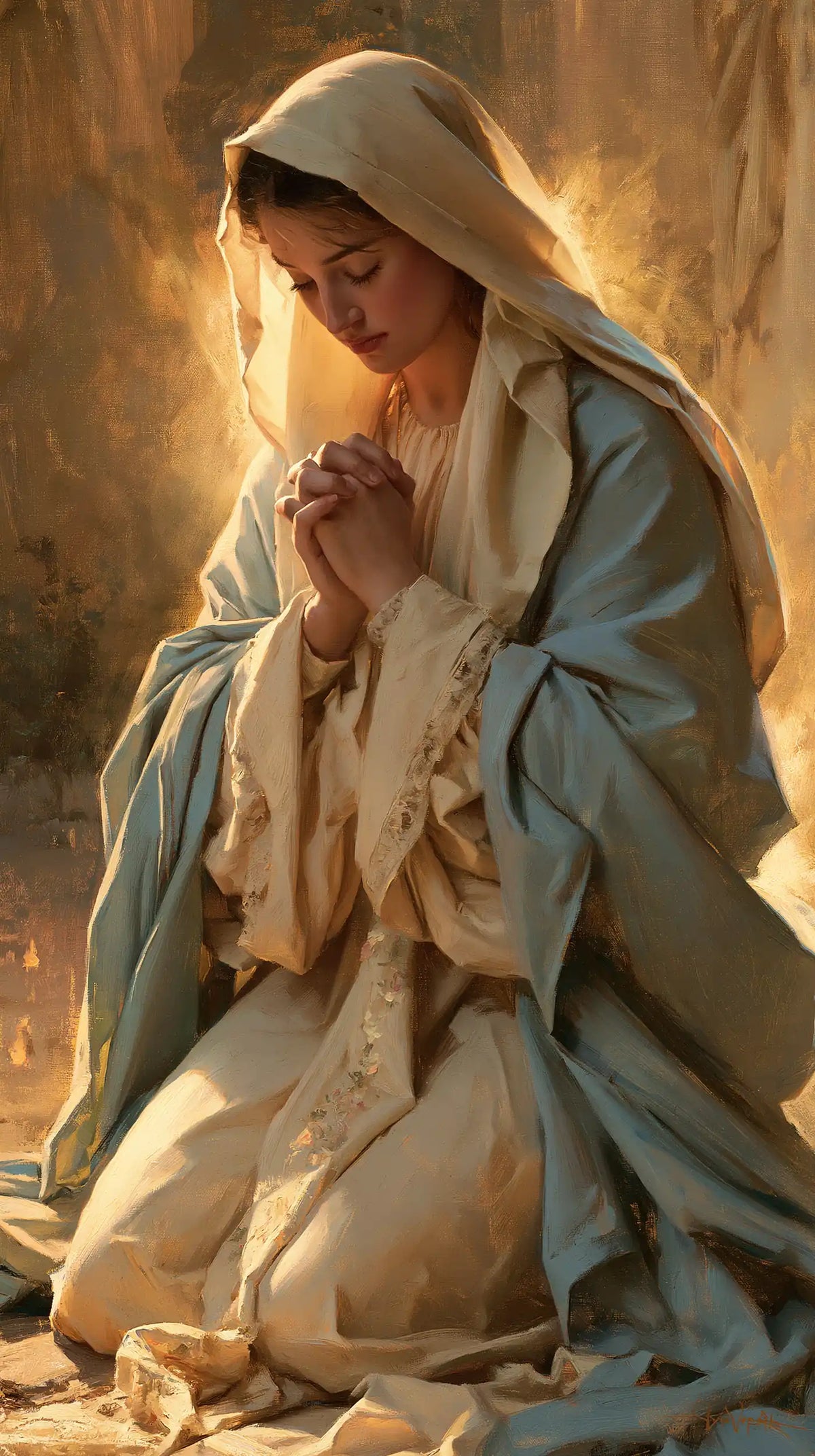 Virgin Mary in Prayer — Tender Blue at the Heart of Gold