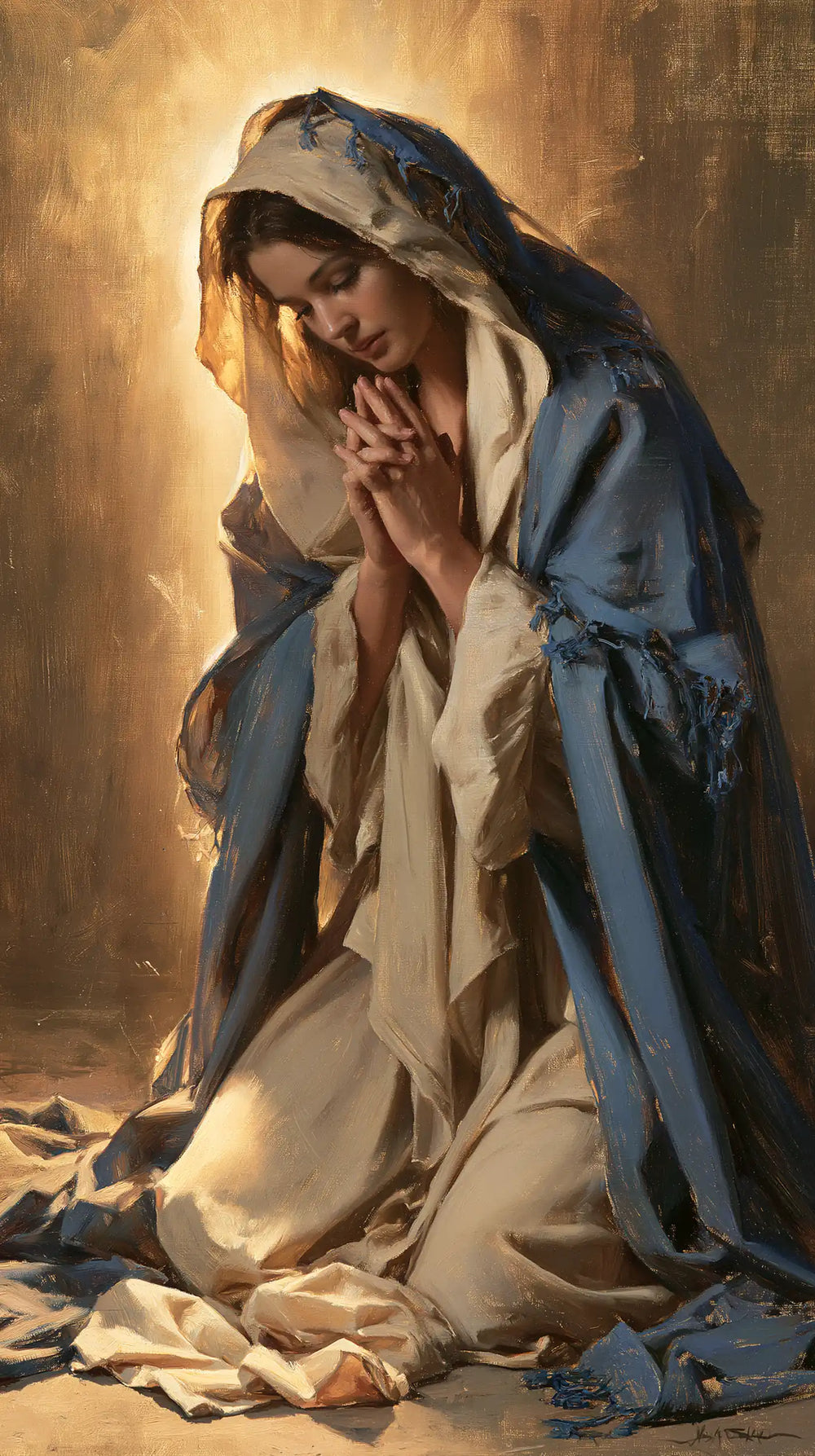 the Virgin Mary illuminated during prayer in Mary in Divine Light style, portrait Christian artwork no. 7