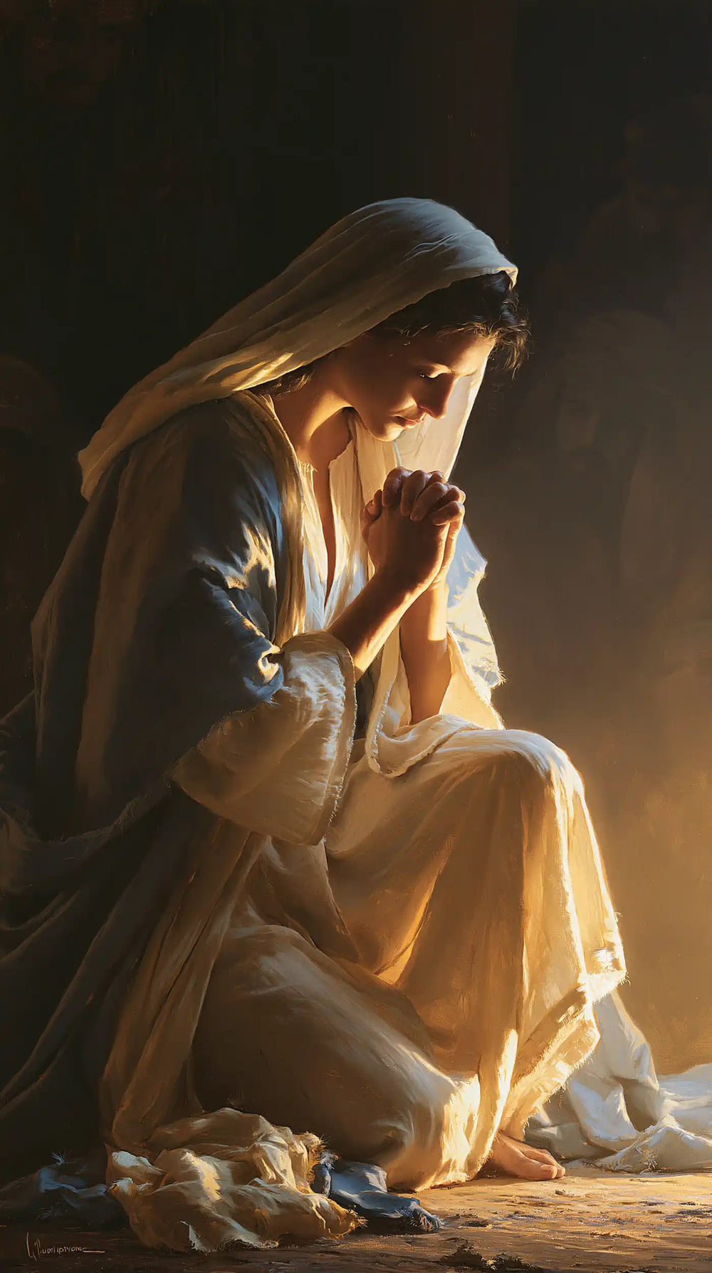 the Virgin Mary illuminated during prayer in Mary in Divine Light style, portrait Christian artwork no. 23