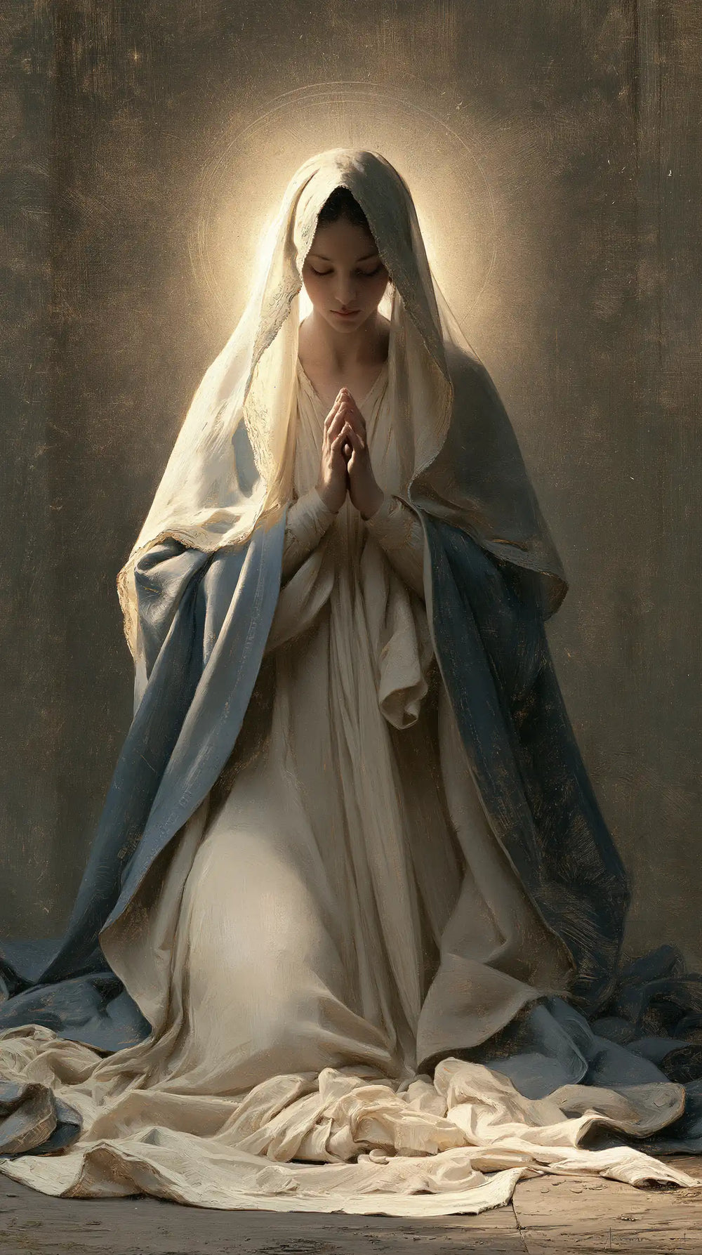 the Virgin Mary illuminated during prayer in Mary in Divine Light style, portrait Christian artwork no. 33