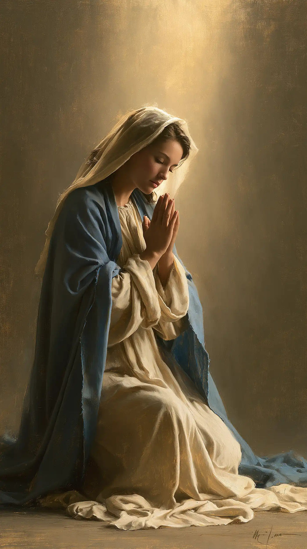 the Virgin Mary illuminated during prayer in Mary in Divine Light style, portrait Christian artwork no. 39