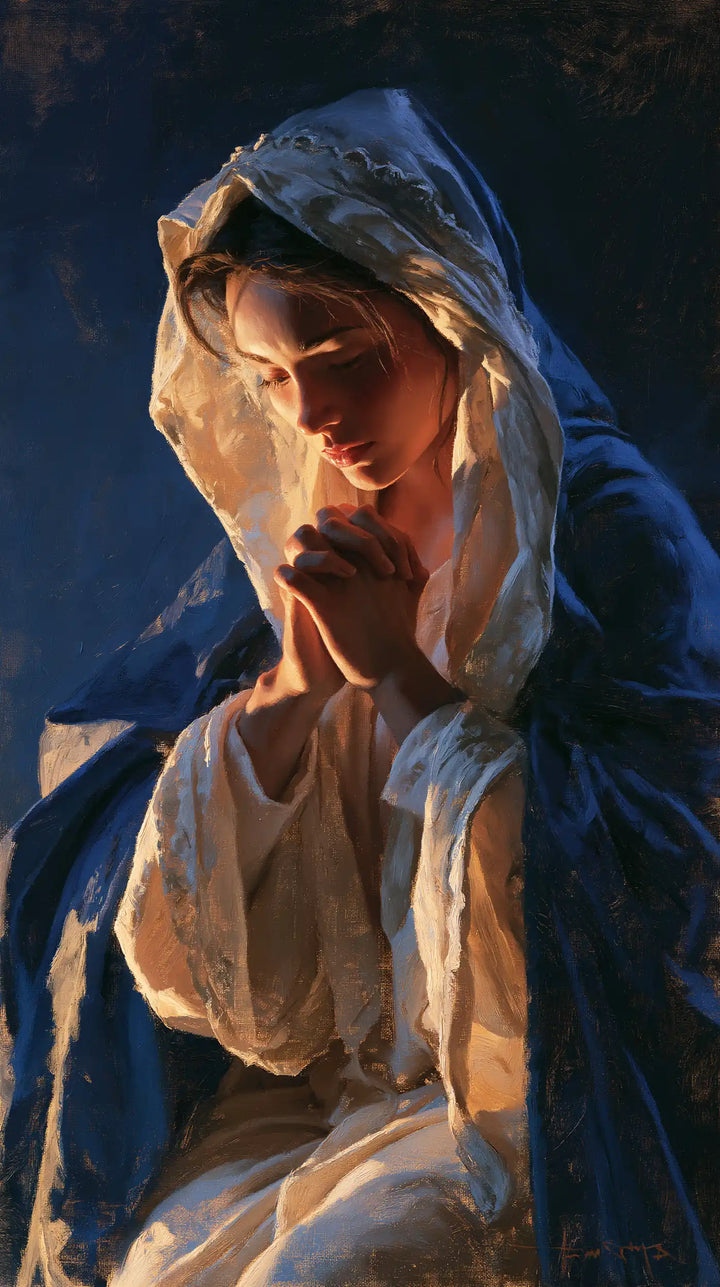 Virgin Mary in Prayer — The Face in Amber Gauze