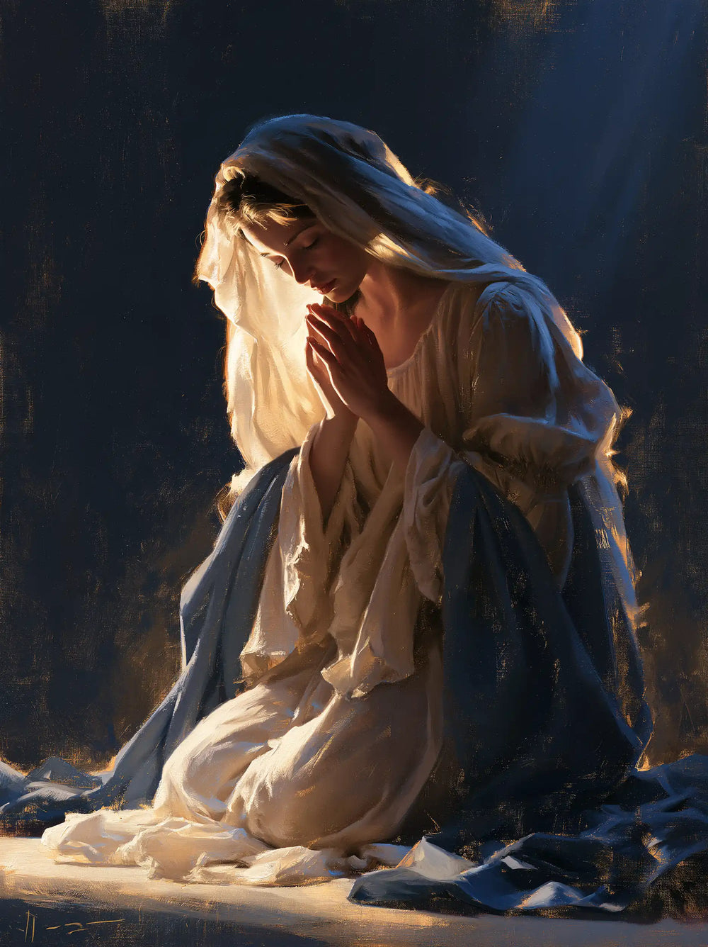the Virgin Mary in prayer in Midnight Blue Chiaroscuro style, portrait Christian artwork no. 9