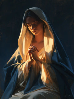 Virgin Mary in Prayer — The Glow between Azure Folds