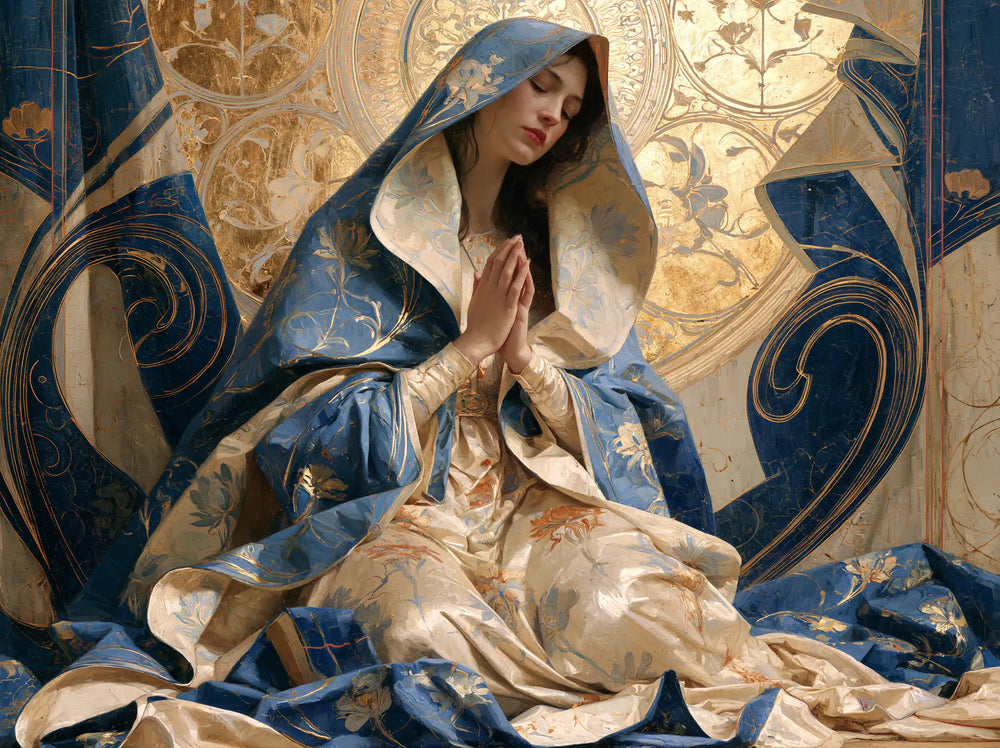 the Virgin Mary in prayer in Sacred Art Nouveau style, landscape Christian artwork no. 4