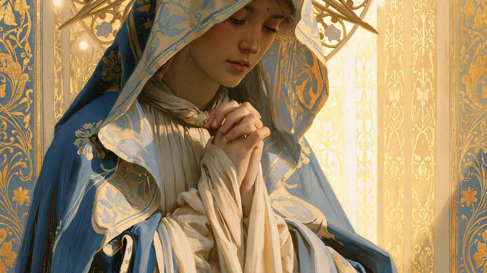 the Virgin Mary in prayer in Sacred Art Nouveau style, landscape Christian artwork no. 14