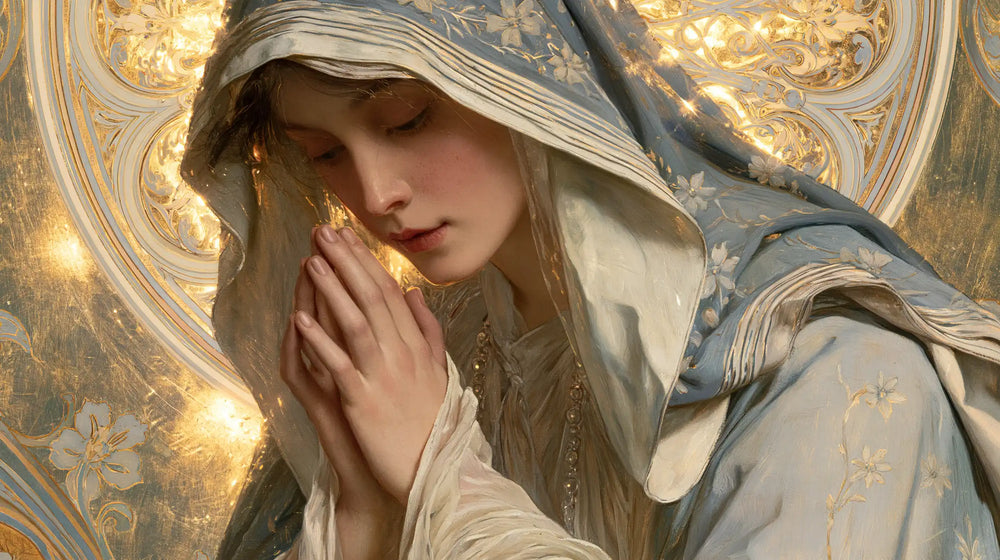 the Virgin Mary in prayer in Sacred Art Nouveau style, landscape Christian artwork no. 16