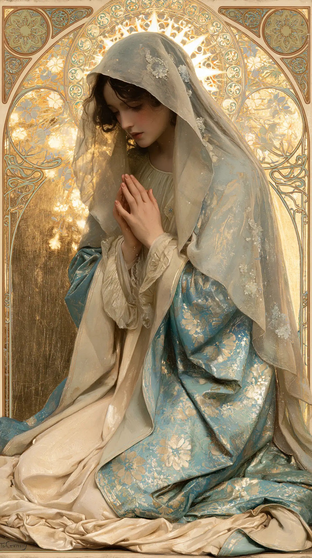 the Virgin Mary in prayer in Sacred Art Nouveau style, portrait Christian artwork no. 4