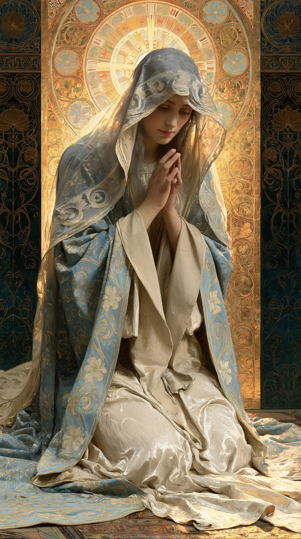 the Virgin Mary in prayer in Sacred Art Nouveau style, portrait Christian artwork no. 19