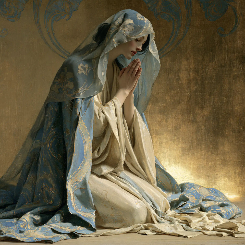 the Virgin Mary in prayer in Sacred Art Nouveau style, square Christian artwork no. 2