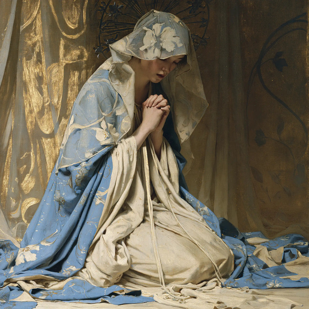 the Virgin Mary in prayer in Sacred Art Nouveau style, square Christian artwork no. 3