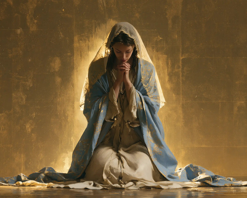 the Virgin Mary in prayer in Sacred Gold style, landscape Christian artwork no. 11