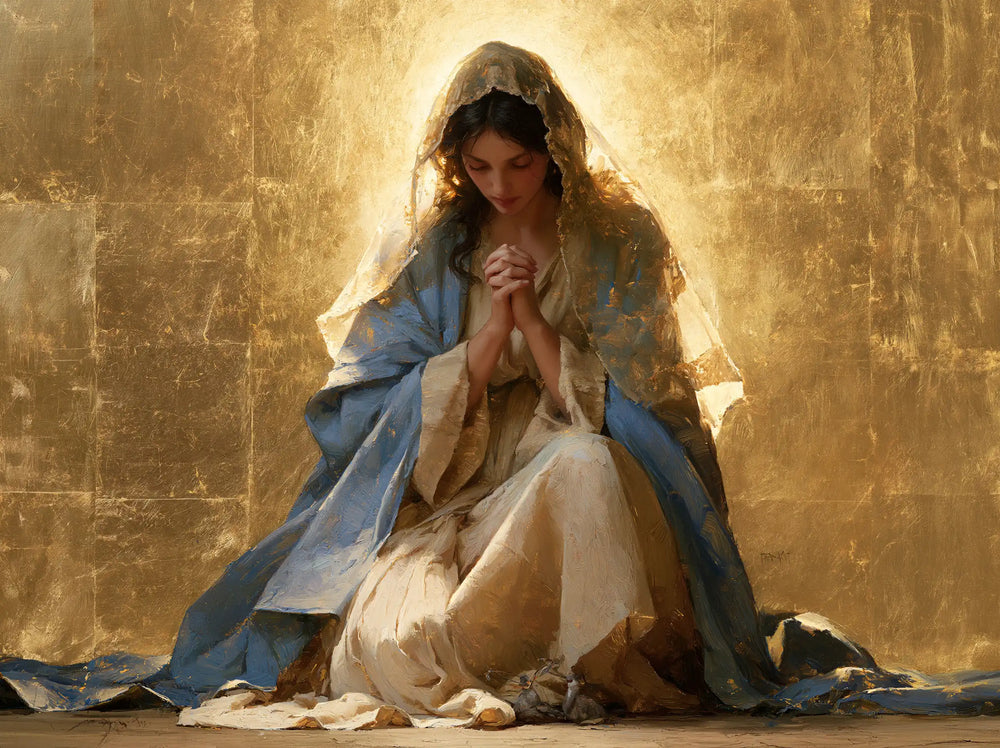 the Virgin Mary in prayer in Sacred Gold style, landscape Christian artwork no. 14