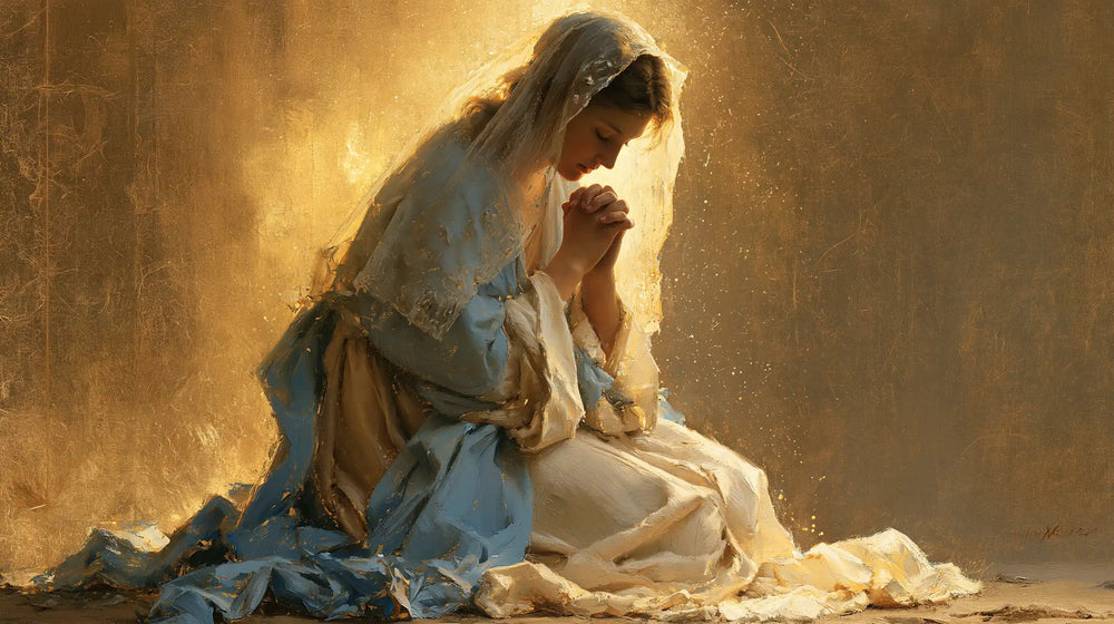 the Virgin Mary in prayer in Sacred Gold style, landscape Christian artwork no. 17