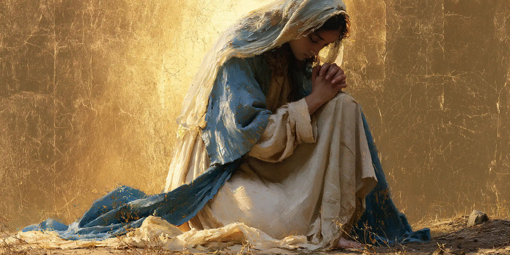 the Virgin Mary in prayer in Sacred Gold style, landscape Christian artwork no. 21