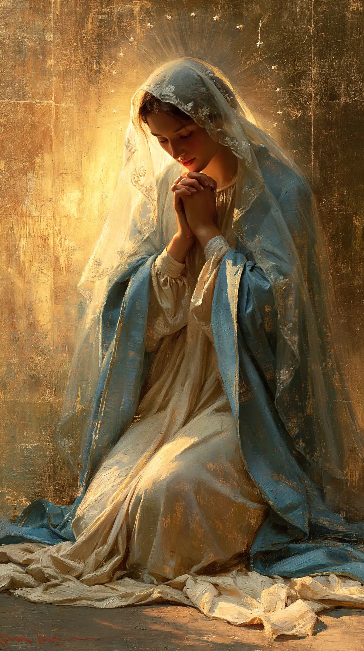 Virgin Mary in Prayer — Contemplation in Copper Gleams