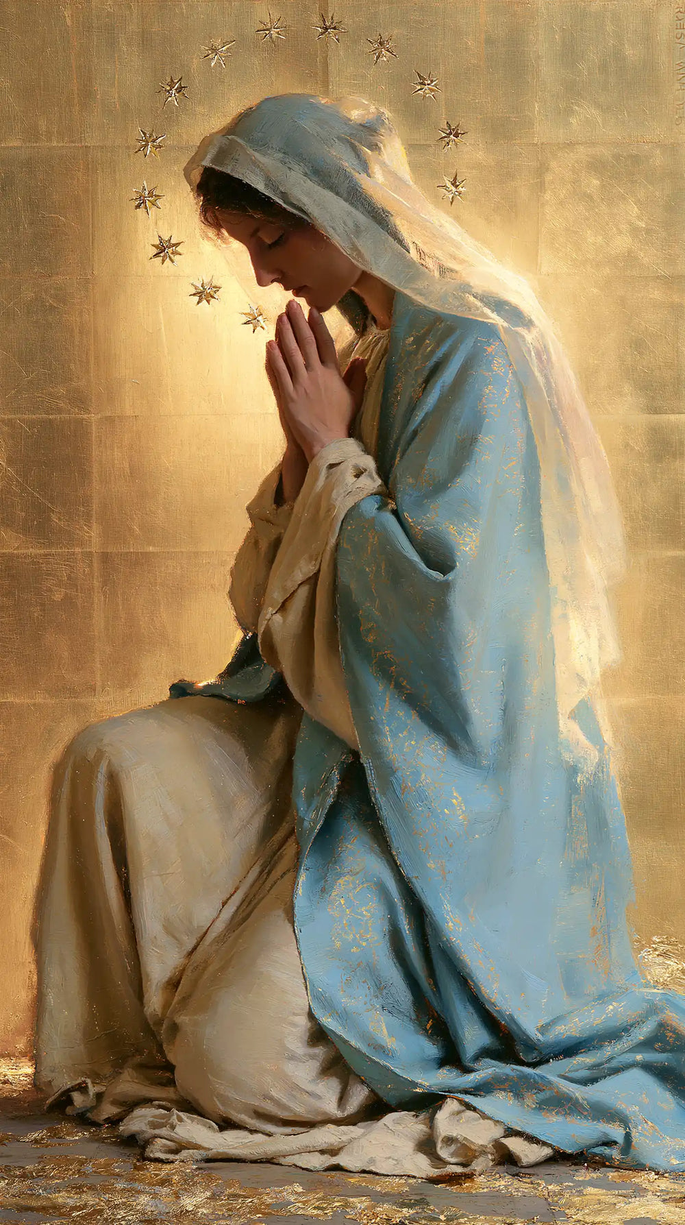 the Virgin Mary in prayer in Sacred Gold style, portrait Christian artwork no. 8