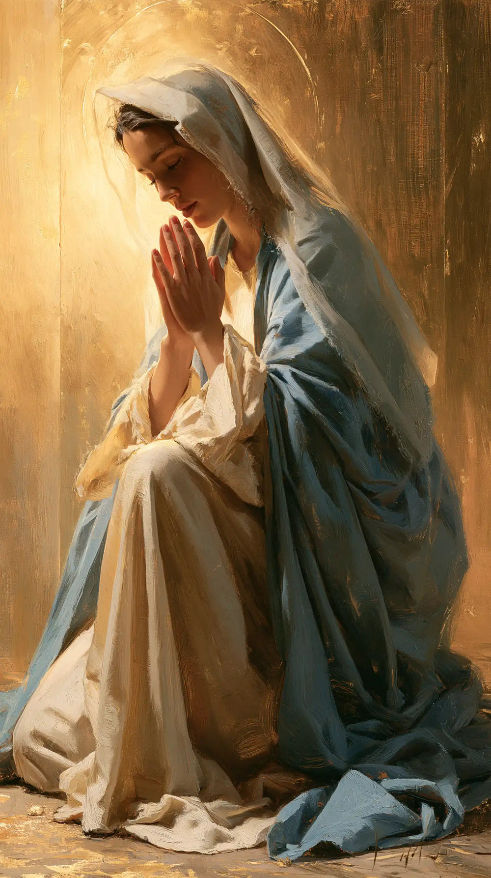 the Virgin Mary in prayer in Sacred Gold style, portrait Christian artwork no. 9