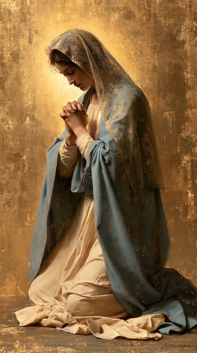 Virgin Mary in Prayer — Contemplation in the Grey-Toned Cloak