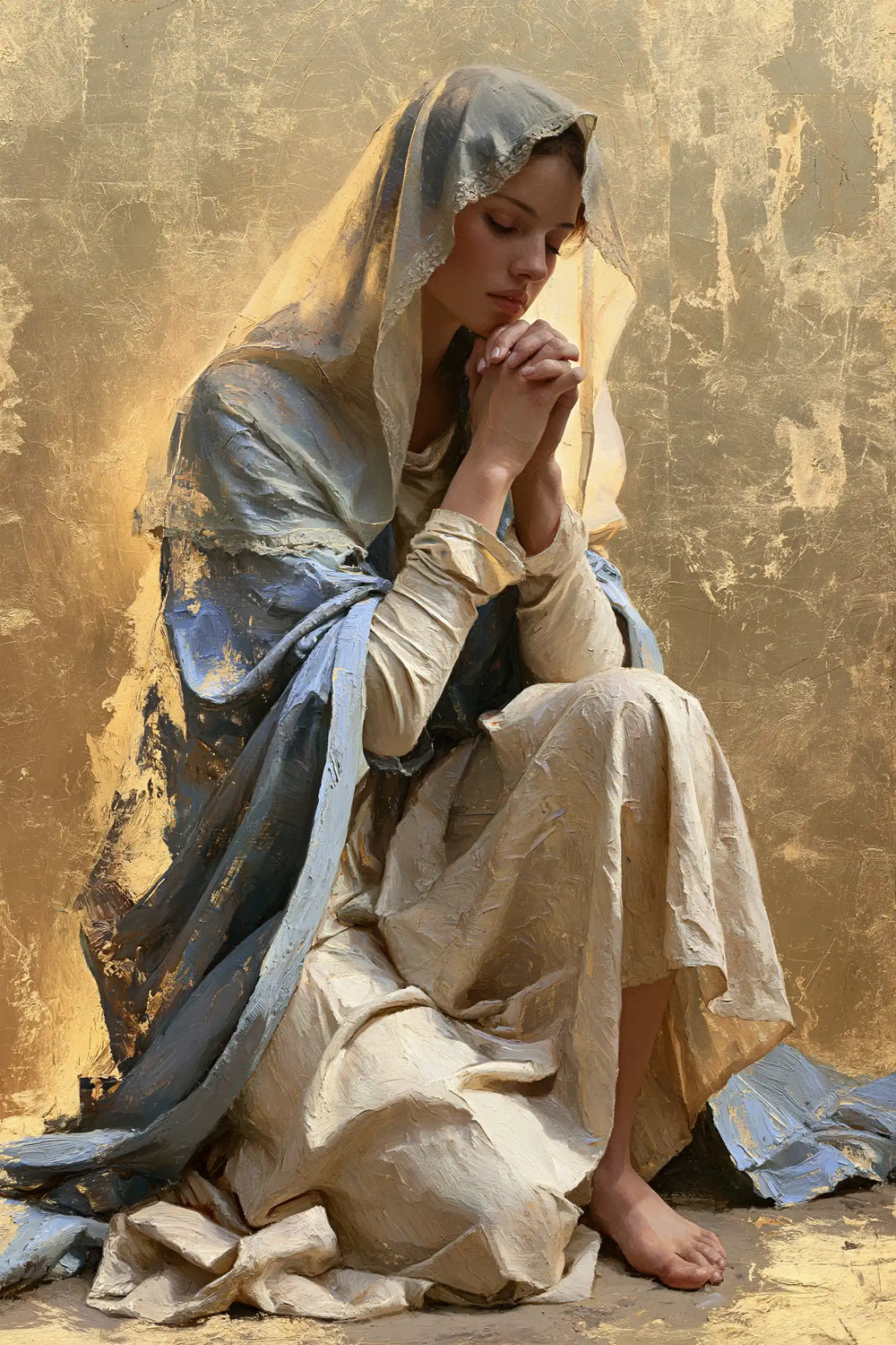 the Virgin Mary in prayer in Sacred Gold style, portrait Christian artwork no. 30