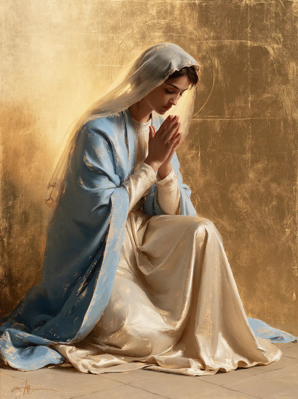 the Virgin Mary in prayer in Sacred Gold style, portrait Christian artwork no. 36