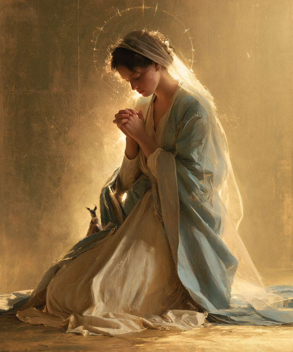 the Virgin Mary in prayer in Sacred Gold style, portrait Christian artwork no. 39