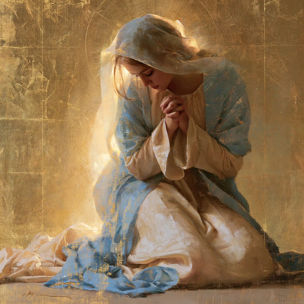 the Virgin Mary in prayer in Sacred Gold style, square Christian artwork no. 3