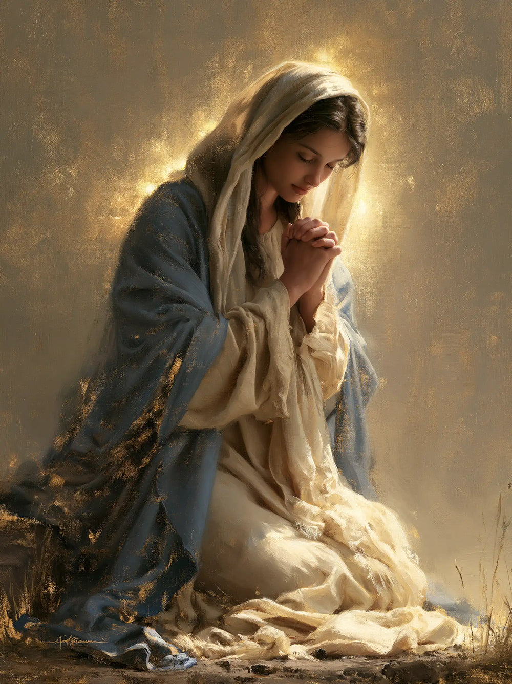 the Virgin Mary absorbed in prayer in Sacred Maternal Tenderness style, portrait Christian artwork no. 5