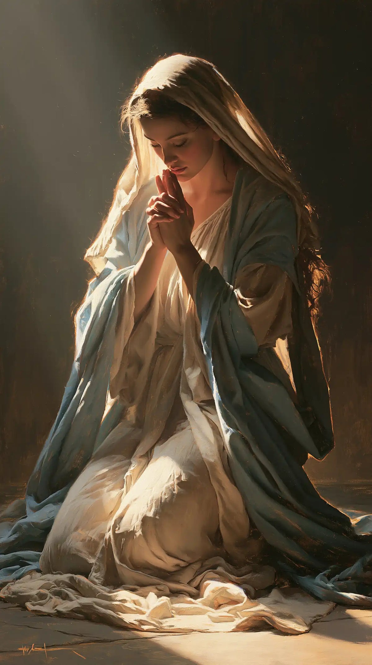 Virgin Mary in Prayer — A Confidence beneath the Brown Veil