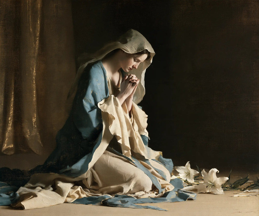 the Virgin Mary in prayer in Symbolist style, landscape Christian artwork no. 2