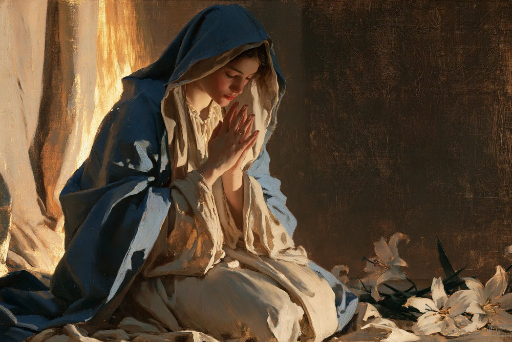 the Virgin Mary in prayer in Symbolist style, landscape Christian artwork no. 6