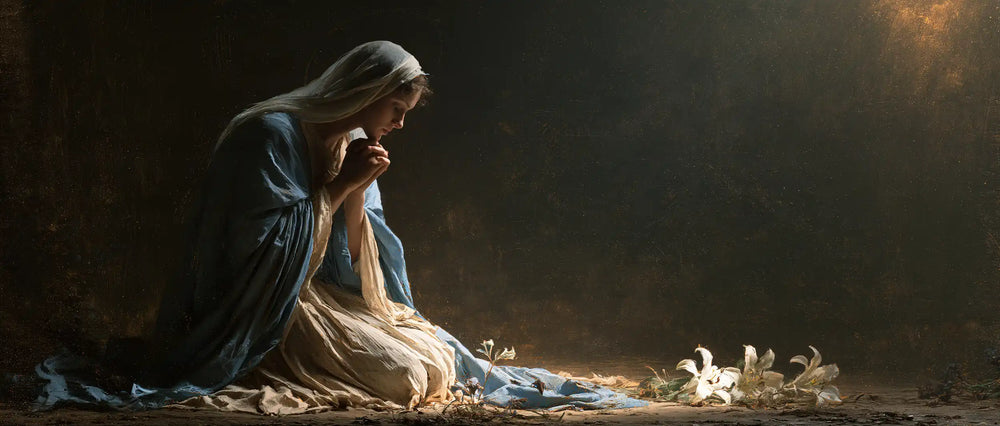 the Virgin Mary in prayer in Symbolist style, landscape Christian artwork no. 17
