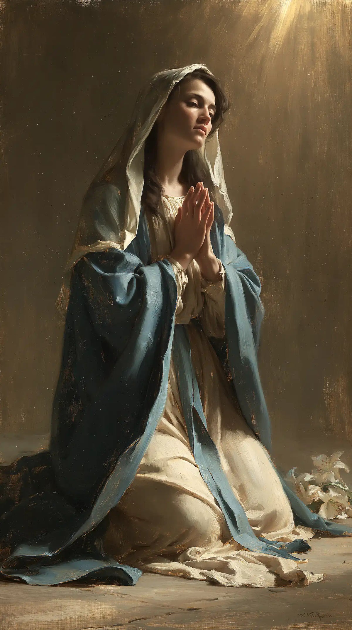 Virgin Mary in Prayer — Palms Raised toward the Ray