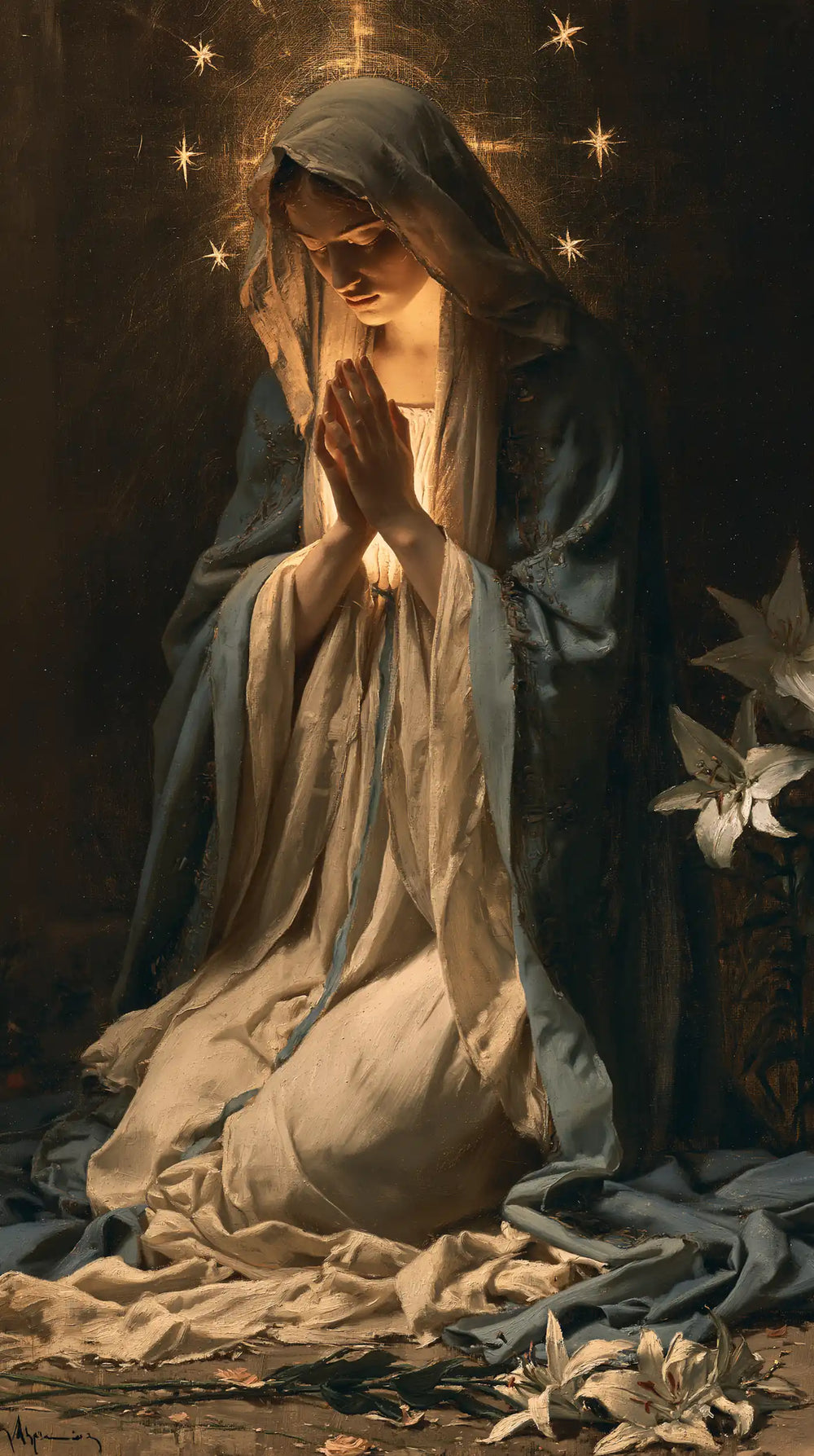 the Virgin Mary in prayer in Symbolist style, portrait Christian artwork no. 14