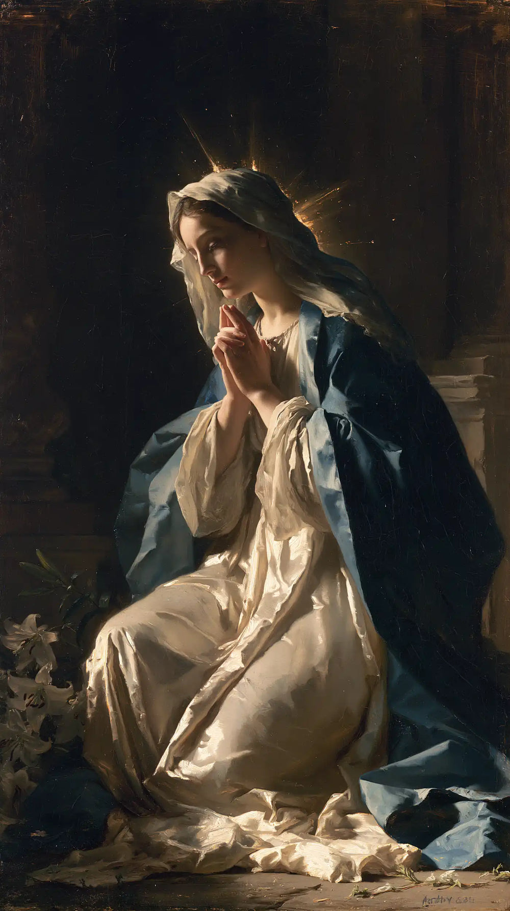 the Virgin Mary in prayer in Symbolist style, portrait Christian artwork no. 35