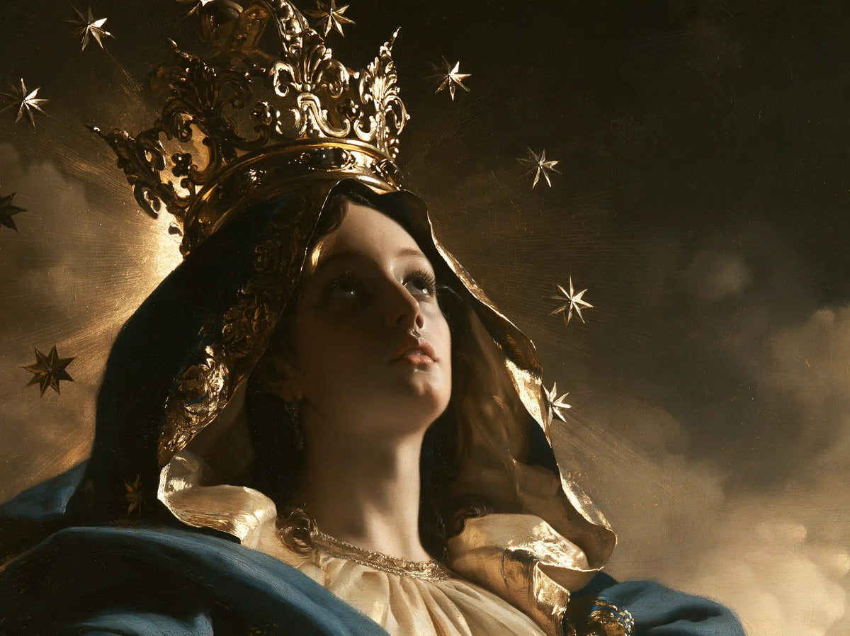 Mary crowned as Queen of Heaven in black and gold in Black and Gold style, landscape Christian artwork no. 5