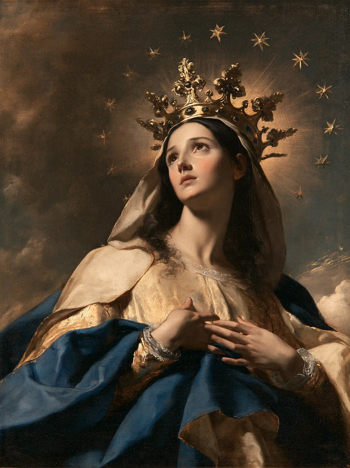 Mary, Queen of Heaven — Hands at the Heart Beneath Delicate Stars