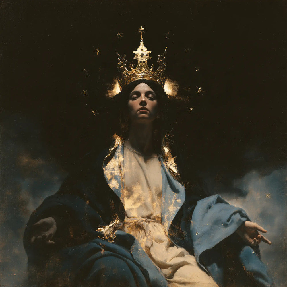 Mary crowned as Queen of Heaven in black and gold in Black and Gold style, square Christian artwork no. 7