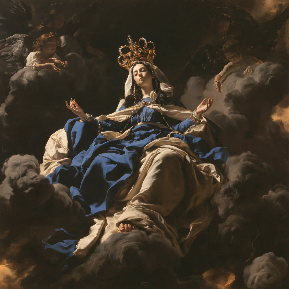 Mary as Queen of Heaven in dramatic chiaroscuro in Caravaggio Tenebrism style, square Christian artwork no. 1
