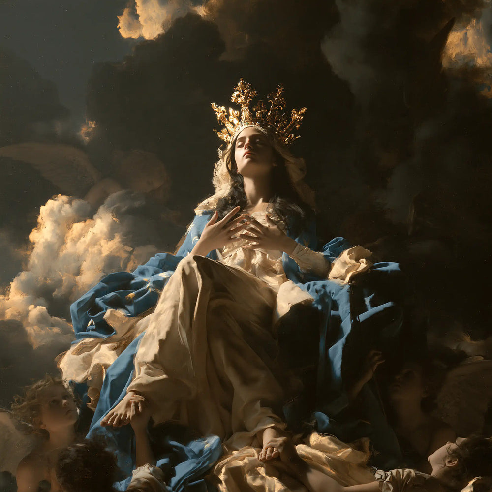 Mary as Queen of Heaven in dramatic chiaroscuro in Caravaggio Tenebrism style, square Christian artwork no. 5