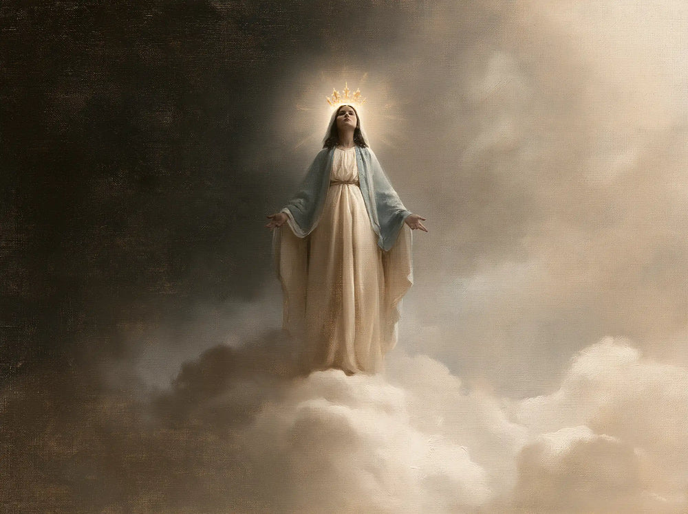 Mary as Queen of Heaven in a minimalist composition in Contemporary Minimalism style, landscape Christian artwork no. 3
