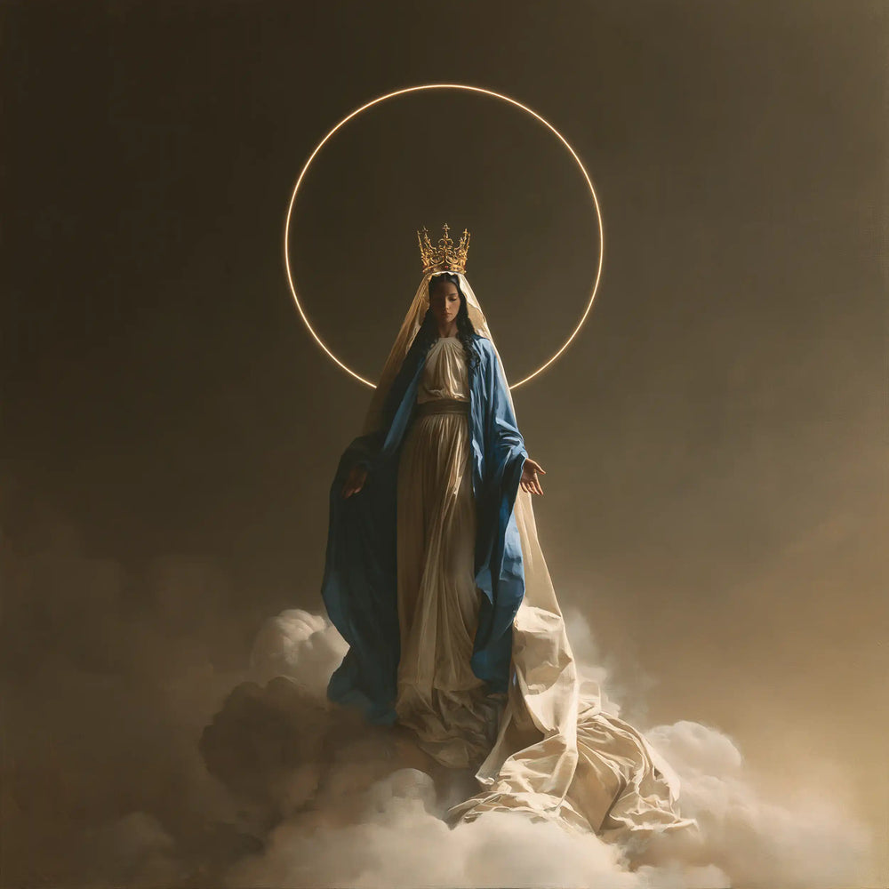 Mary as Queen of Heaven in a minimalist composition in Contemporary Minimalism style, square Christian artwork no. 1
