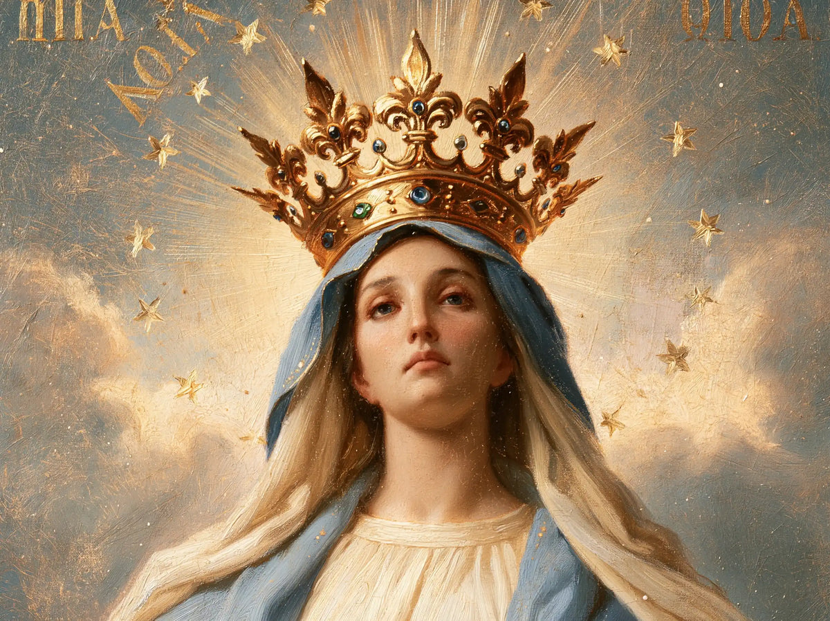 Mary with the heavenly crown as the central symbol in The Crown as Central Symbol style, landscape Christian artwork no. 7