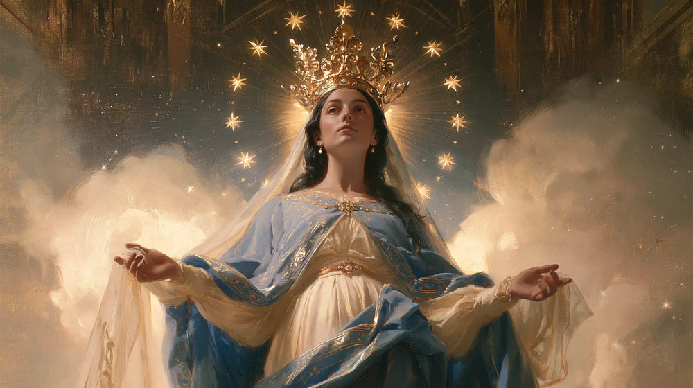 Mary with the heavenly crown as the central symbol in The Crown as Central Symbol style, landscape Christian artwork no. 11
