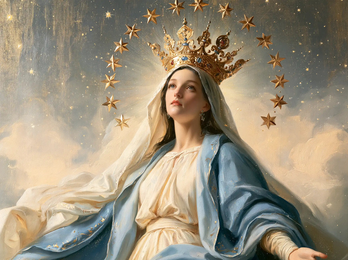 Mary with the heavenly crown as the central symbol in The Crown as Central Symbol style, landscape Christian artwork no. 14