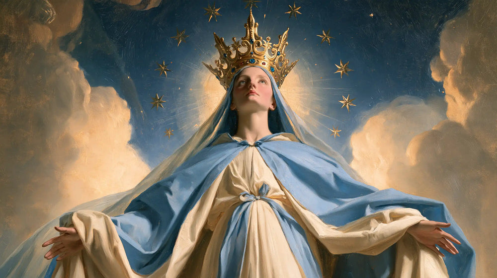 Mary with the heavenly crown as the central symbol in The Crown as Central Symbol style, landscape Christian artwork no. 21