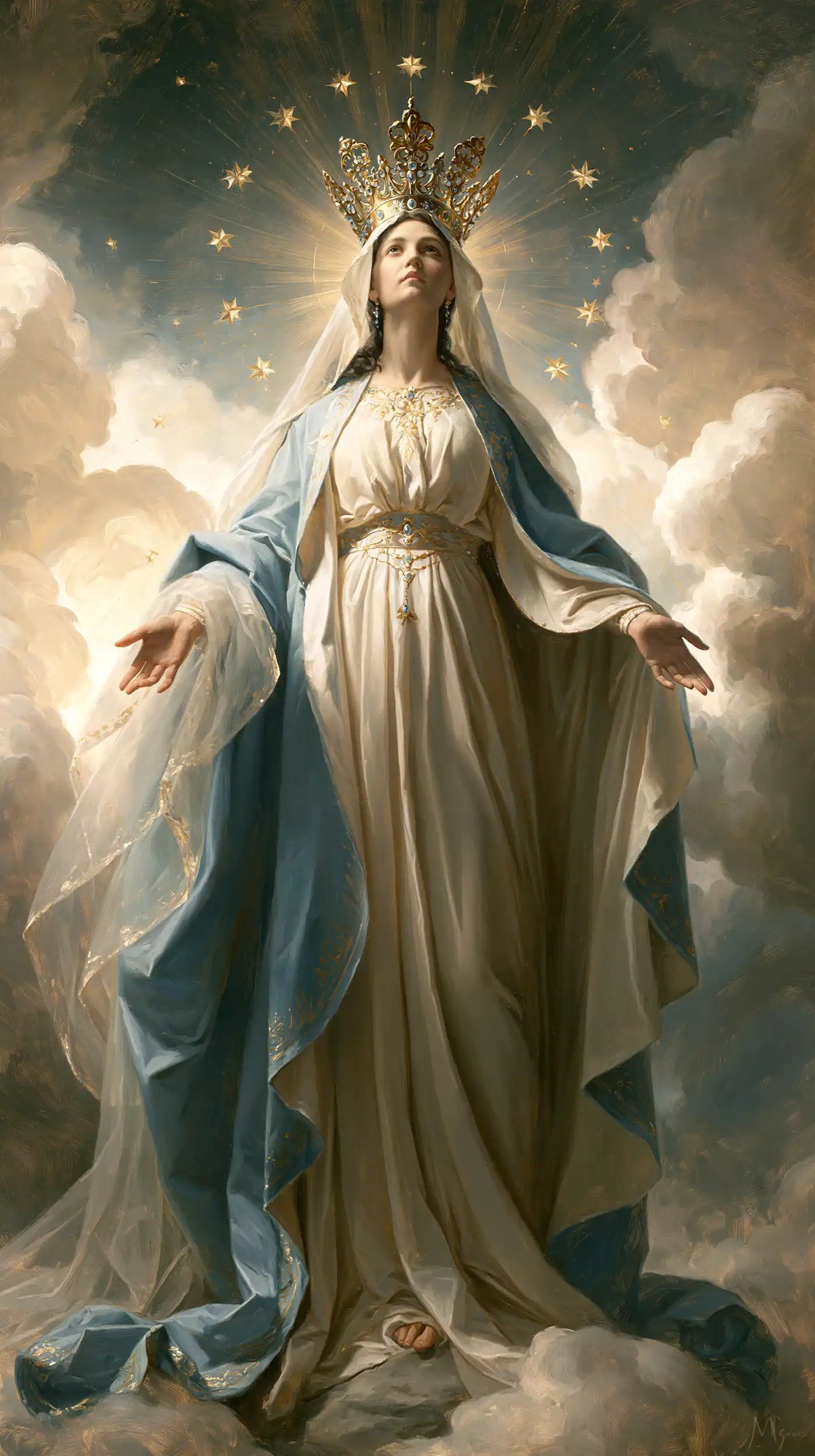 Mary, Queen of Heaven — Pale Palms in the Veil of Light