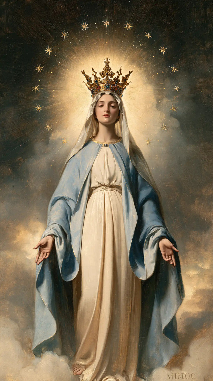 Mary, Queen of Heaven — Closed Eyes Beneath the Royal Ring