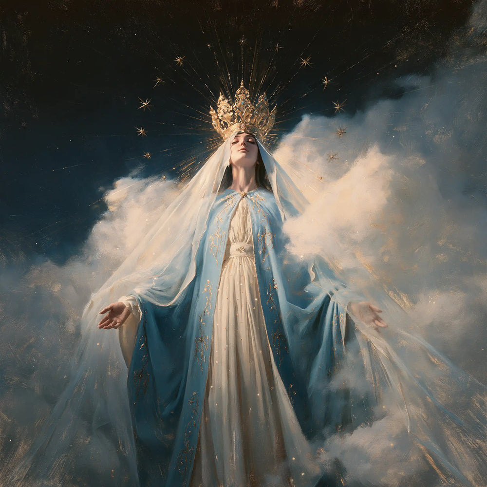 Mary with the heavenly crown as the central symbol in The Crown as Central Symbol style, square Christian artwork no. 2